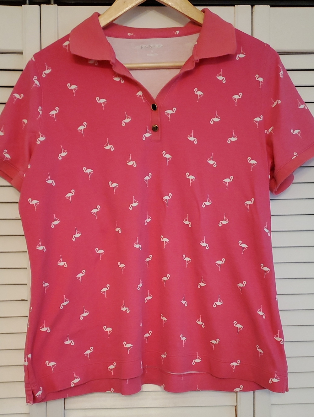 Kim Rogers Pink Flamingo Collared Preppy Polo Shirt, Large